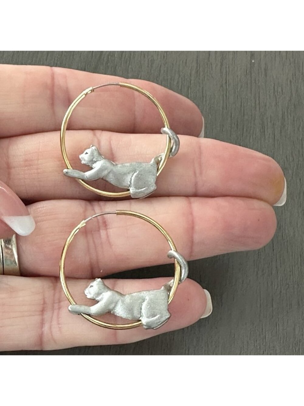 Vintage Silver Gold Tone Stretching Cat Hoop Moveable Earrings